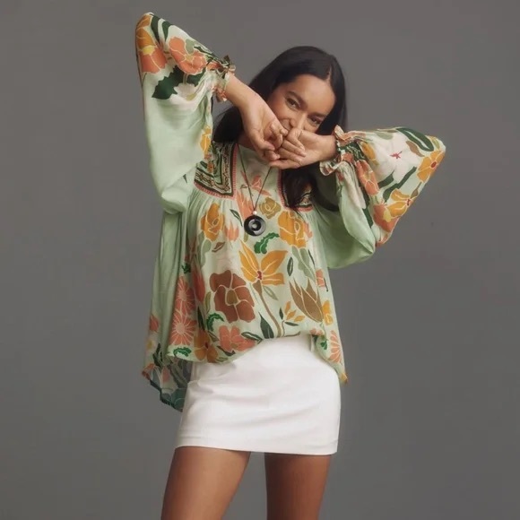 Blnk London Botanical Sage Balloon Sleeves Miranda Peasant Blouse Size Small - Picture 3 of 16